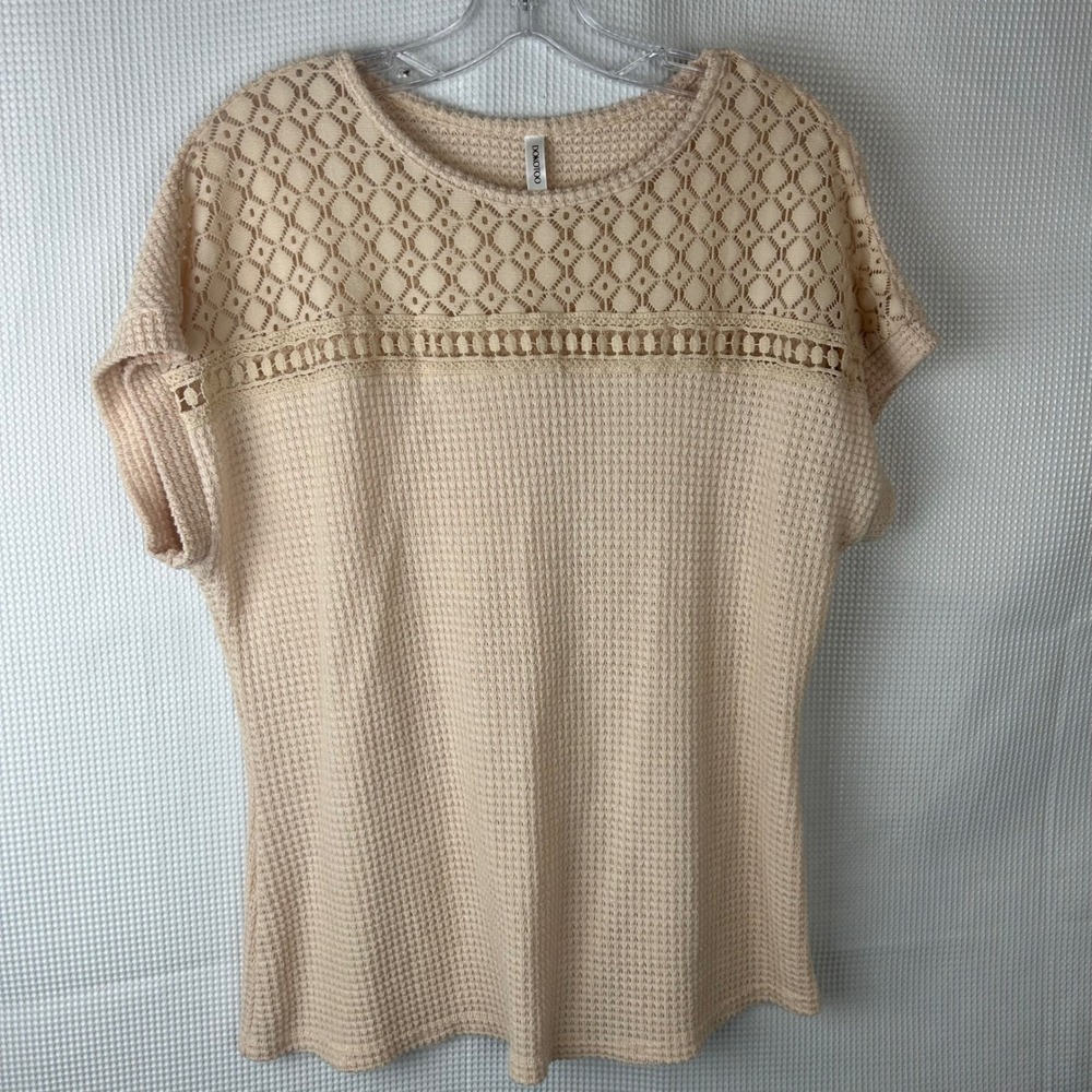 Dokotoo Womens Crochet Lace Waffle Knit Short Sleeve Top L